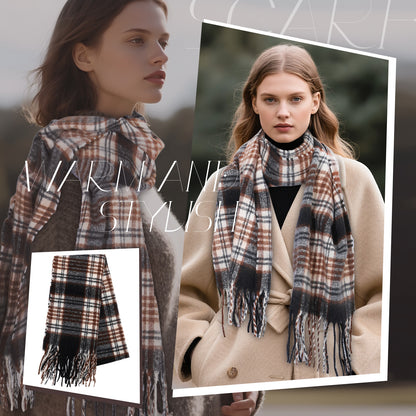 Boniskiss Unisex Fall Winter Faux Cashmere Plaid Scarf with Tassel