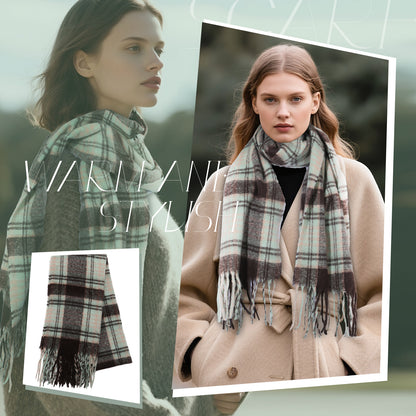 Boniskiss Unisex Fall Winter Faux Cashmere Plaid Scarf with Tassel