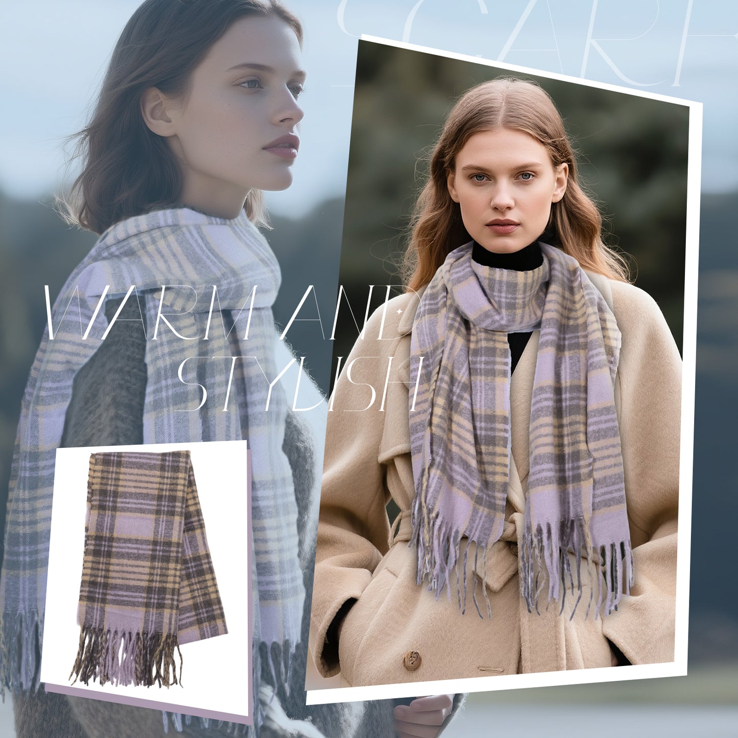 Boniskiss Unisex Fall Winter Faux Cashmere Plaid Scarf with Tassel