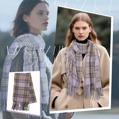 Boniskiss Unisex Fall Winter Faux Cashmere Plaid Scarf with Tassel