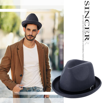 Classic Short Brim Fedora Trilby Jazz Hat with Belt - Boniskiss
