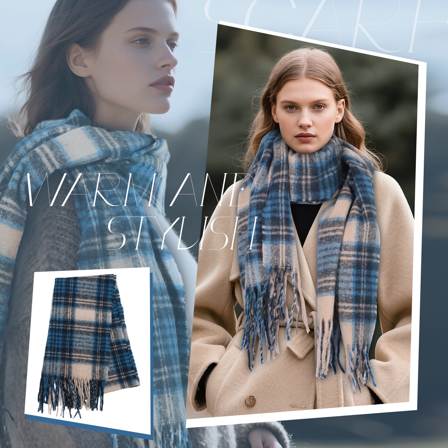 Boniskiss Unisex Fall Winter Faux Cashmere Plaid Scarf with Tassel