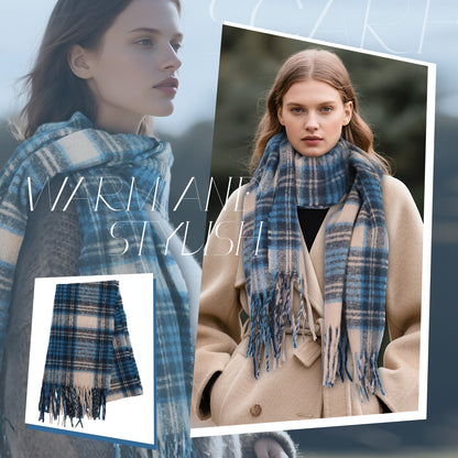 Boniskiss Unisex Fall Winter Faux Cashmere Plaid Scarf with Tassel