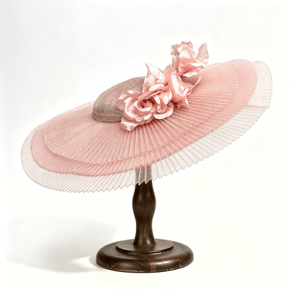 Blush Pink Romantic Pleated Mesh Derby Hat with Flowers