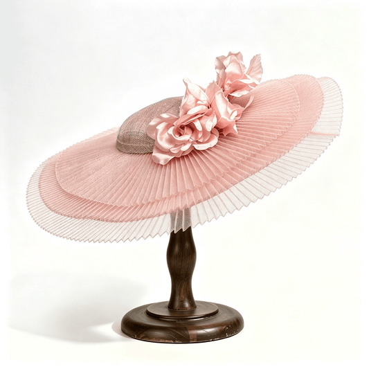 Blush Pink Romantic Pleated Mesh Derby Hat with Flowers