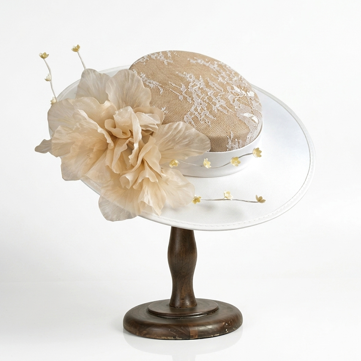 Boniskiss White Satin Flower Fascinator with Champagne Floral
