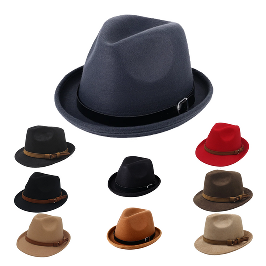 Classic Short Brim Fedora Trilby Jazz Hat with Belt - Boniskiss