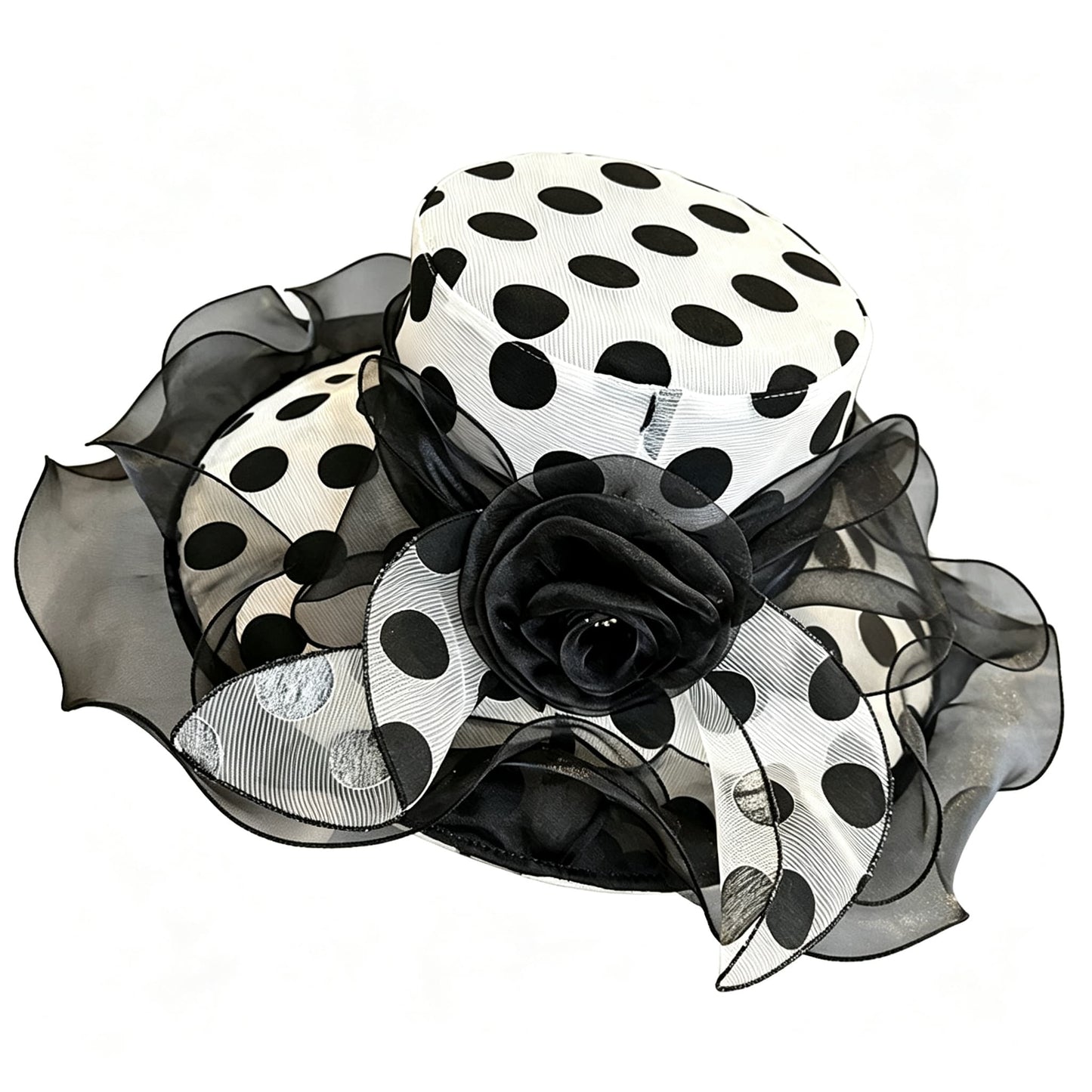 Vintage Polka Dot Organza Church Hat with Large Rose