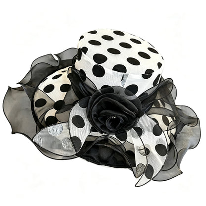 Vintage Polka Dot Organza Church Hat with Large Rose