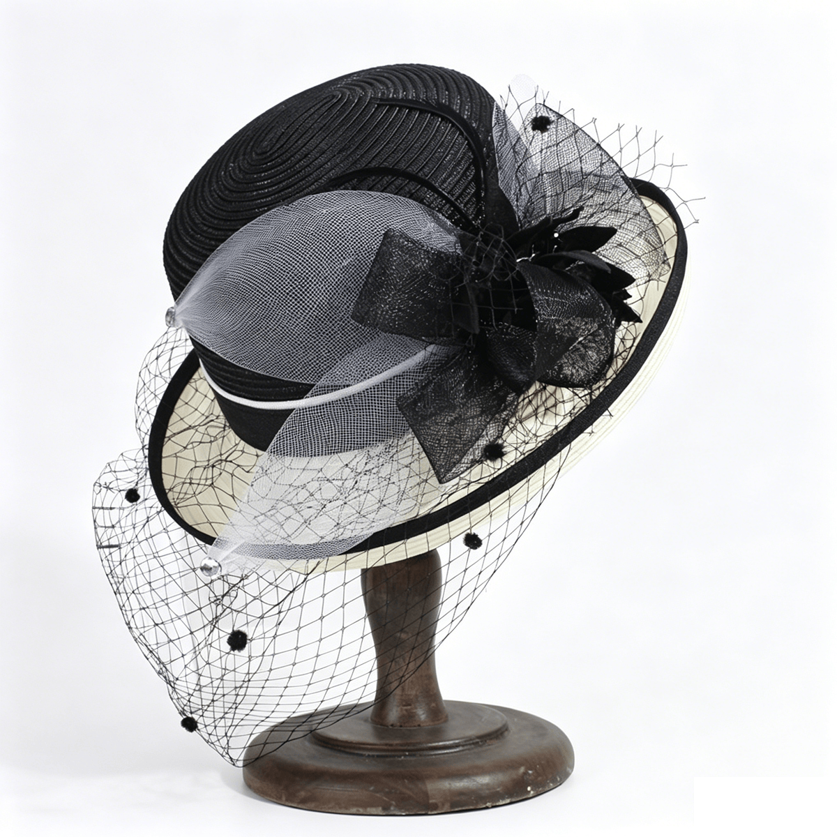 French Vintage Straw Derby Hat with Veiling & Flower