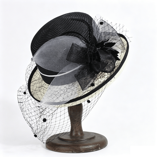French Vintage Straw Derby Hat with Veiling & Flower