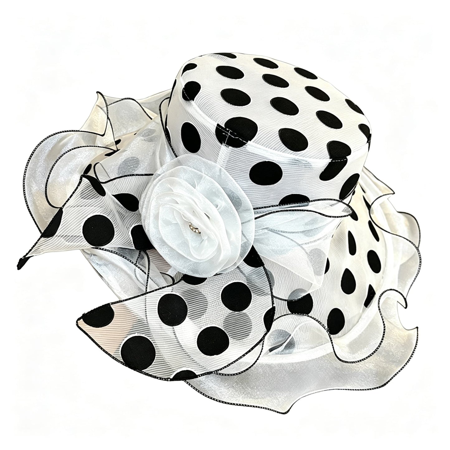 Vintage Polka Dot Organza Church Hat with Large Rose