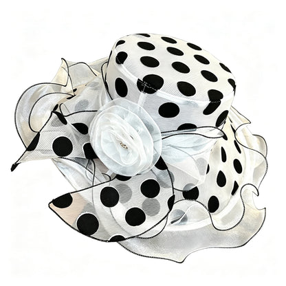 Vintage Polka Dot Organza Church Hat with Large Rose