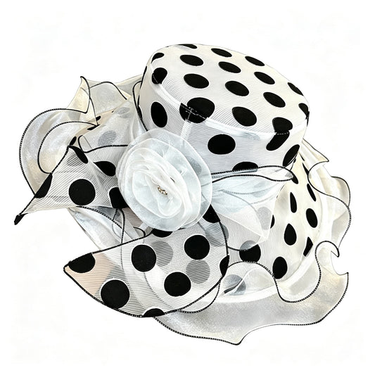Vintage Polka Dot Organza Church Hat with Large Rose