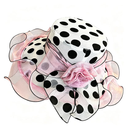 Vintage Polka Dot Organza Church Hat with Large Rose