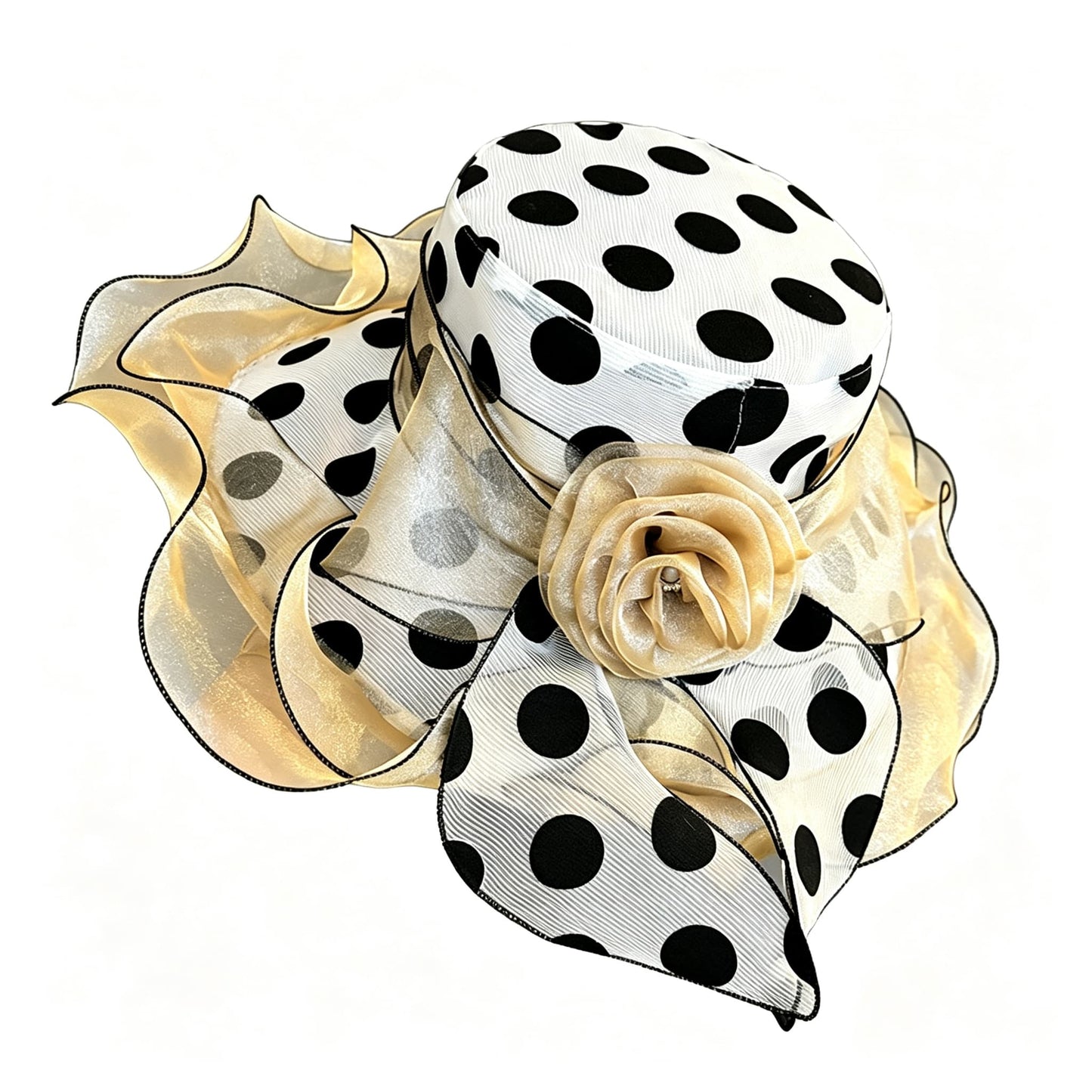 Vintage Polka Dot Organza Church Hat with Large Rose