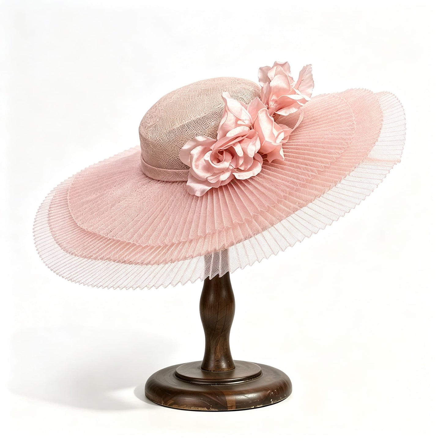 Blush Pink Romantic Pleated Mesh Derby Hat with Flowers