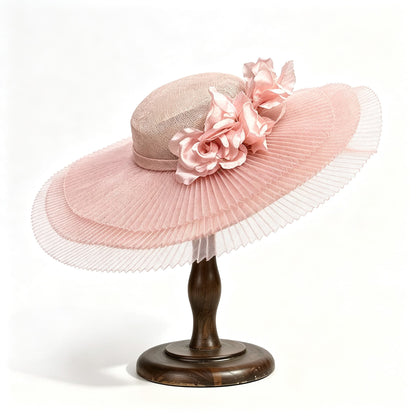 Blush Pink Romantic Pleated Mesh Derby Hat with Flowers