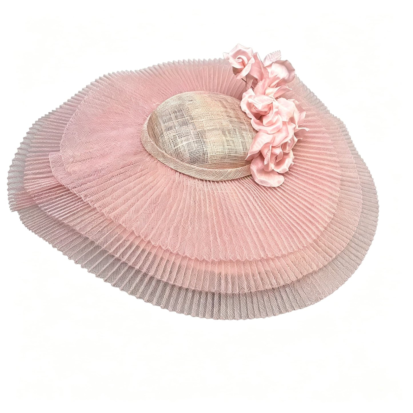 Blush Pink Romantic Pleated Mesh Derby Hat with Flowers