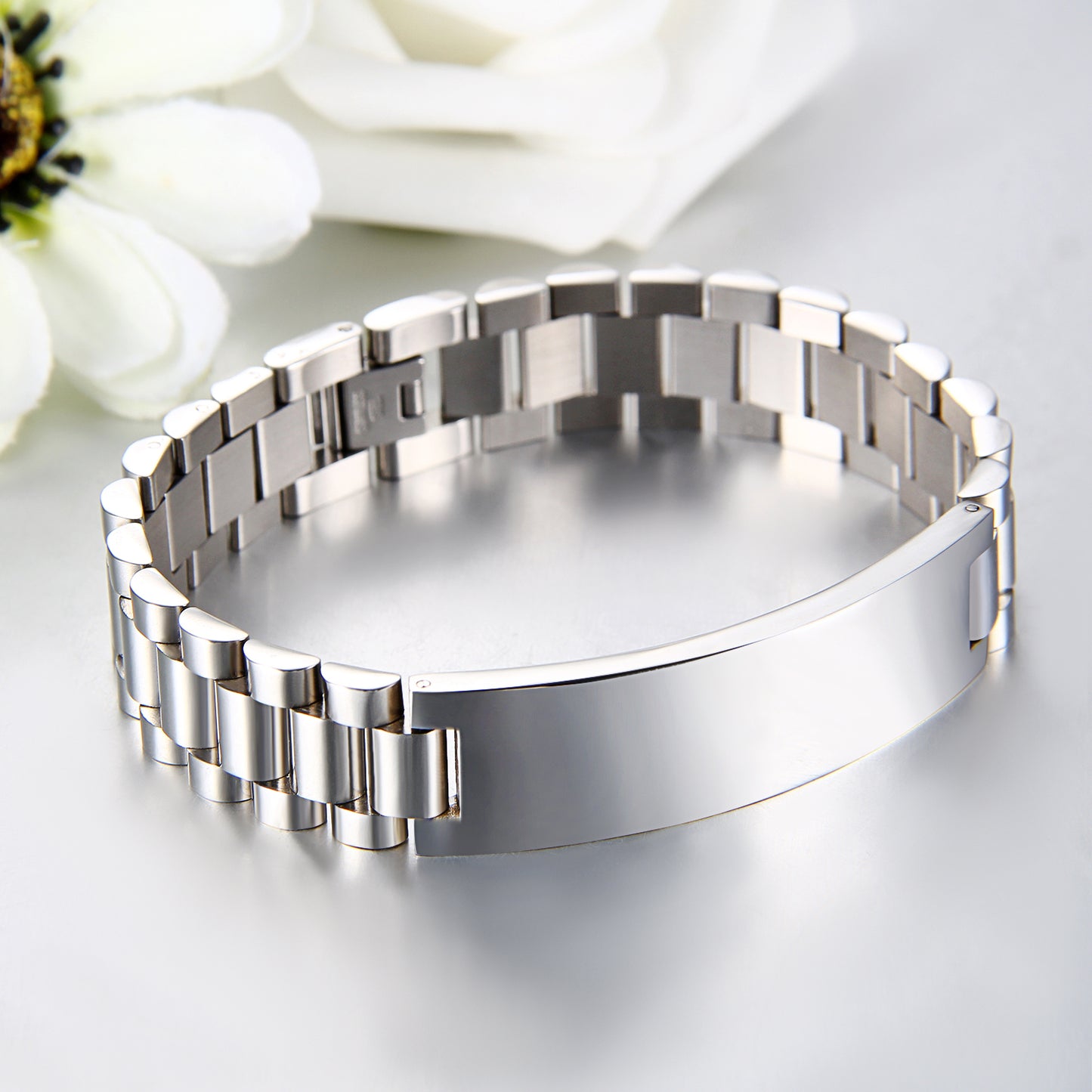 Personalized Classic Silver Tone Polished Stainless Steel Bracelet - Boniskiss