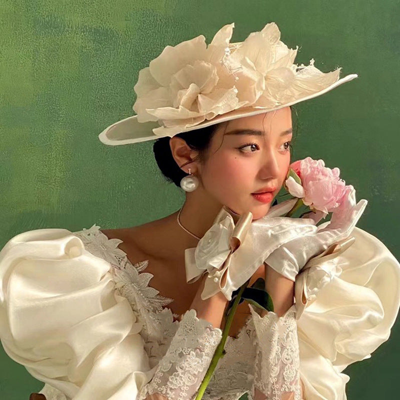 Boniskiss White Satin Flower Fascinator with Champagne Floral
