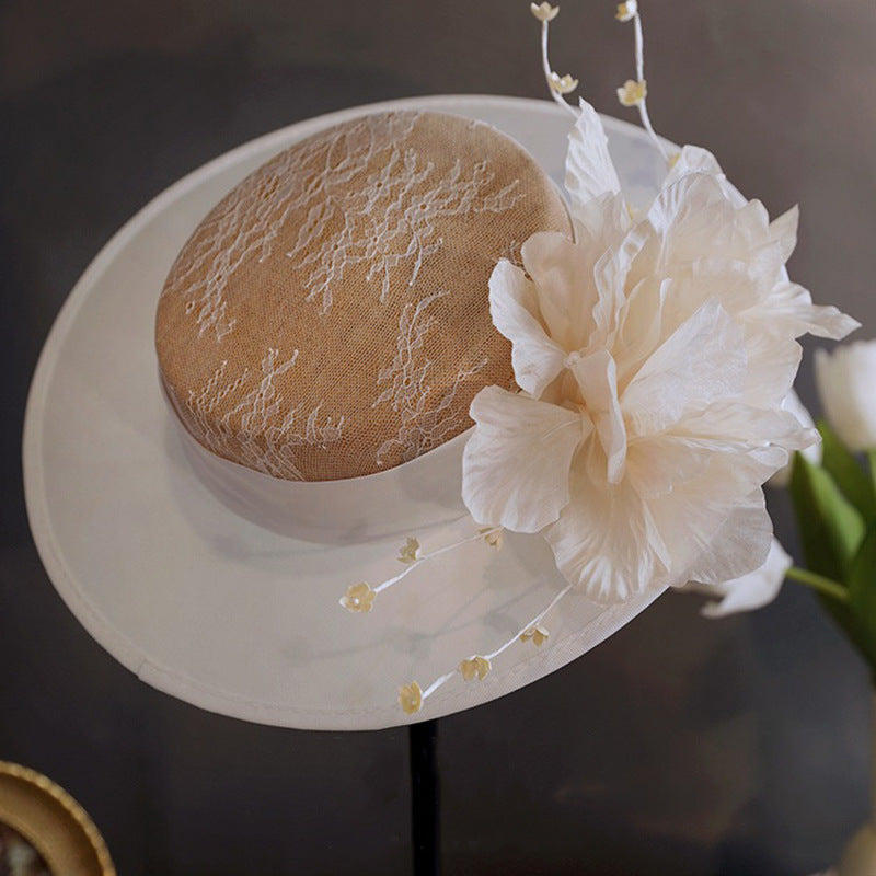 Boniskiss White Satin Flower Fascinator with Champagne Floral