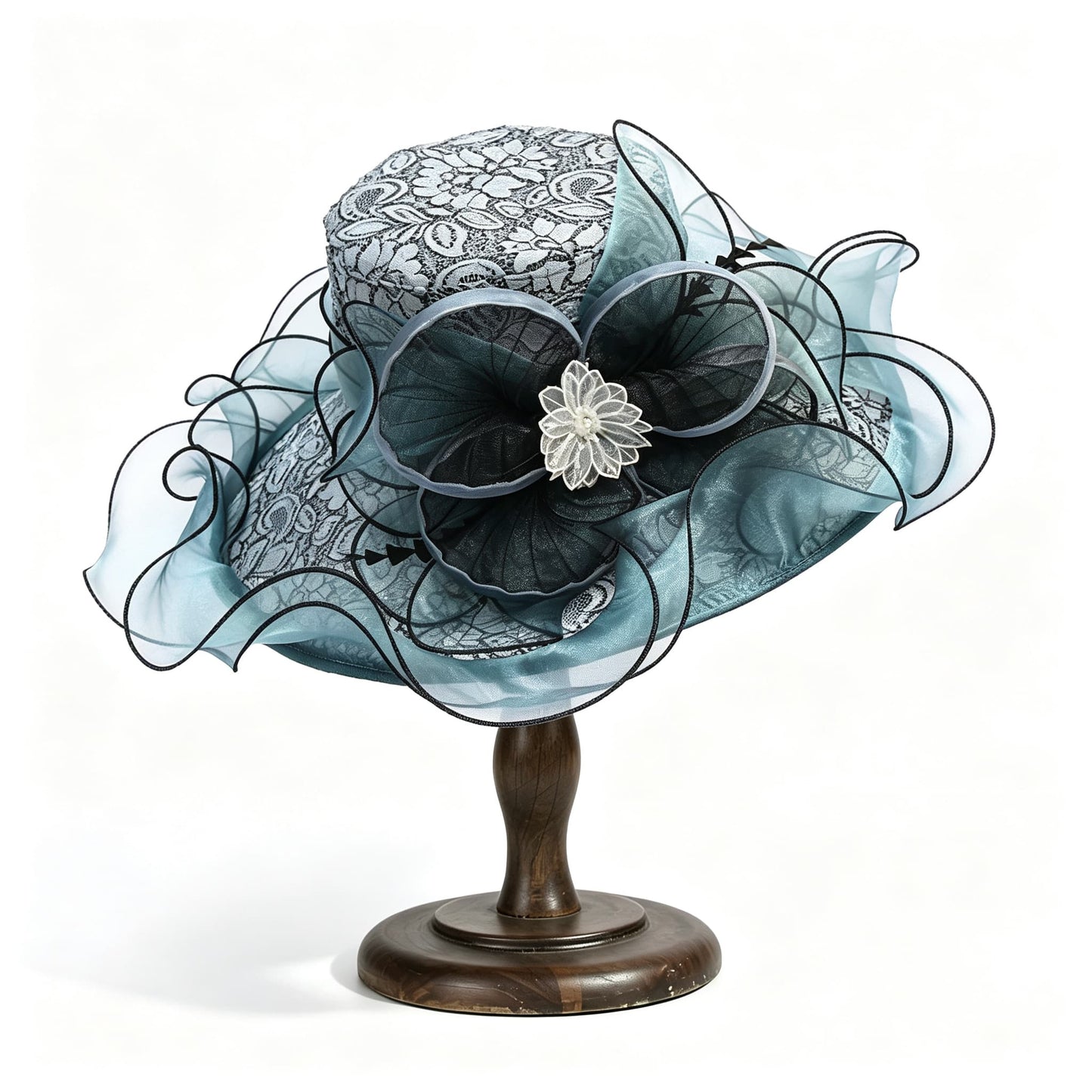 Avant-Garde Organza Ruffled Church Hat with Lace