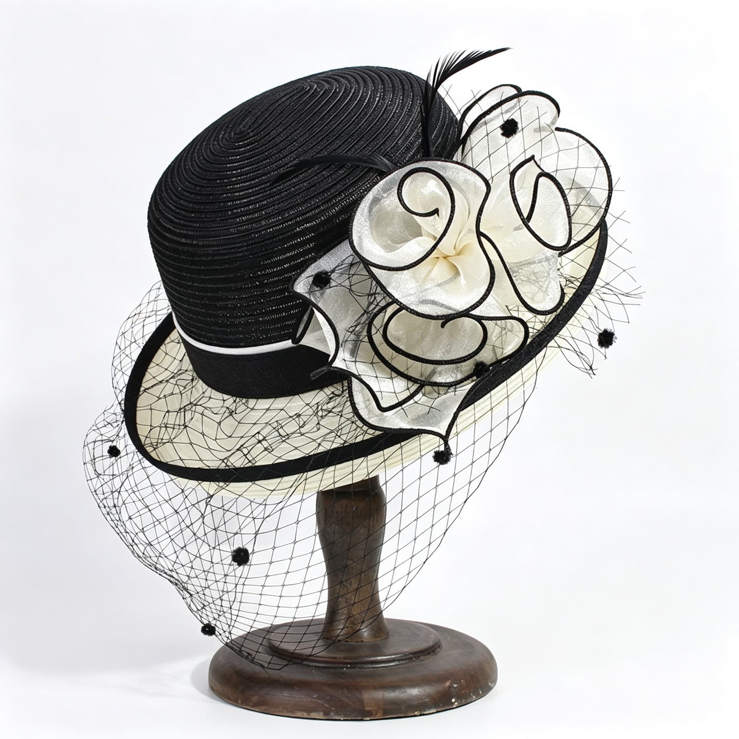French Vintage Straw Derby Hat with Veiling & Flower