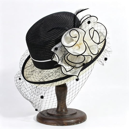 French Vintage Straw Derby Hat with Veiling & Flower