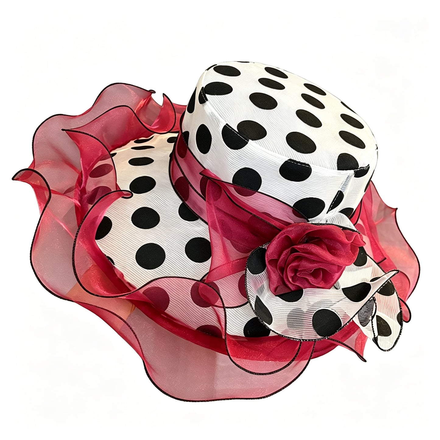 Vintage Polka Dot Organza Church Hat with Large Rose