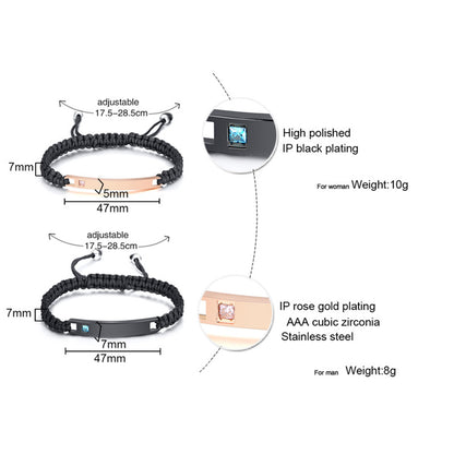 2PCs Customized Couple‘s Adjustable Leather Stainless Steel Bracelet - Boniskiss
