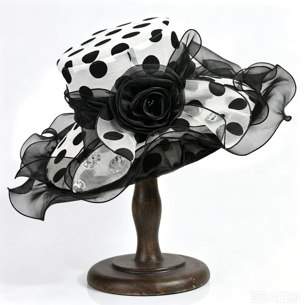 Vintage Polka Dot Organza Church Hat with Large Rose