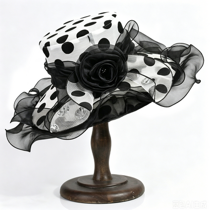 Vintage Polka Dot Organza Church Hat with Large Rose