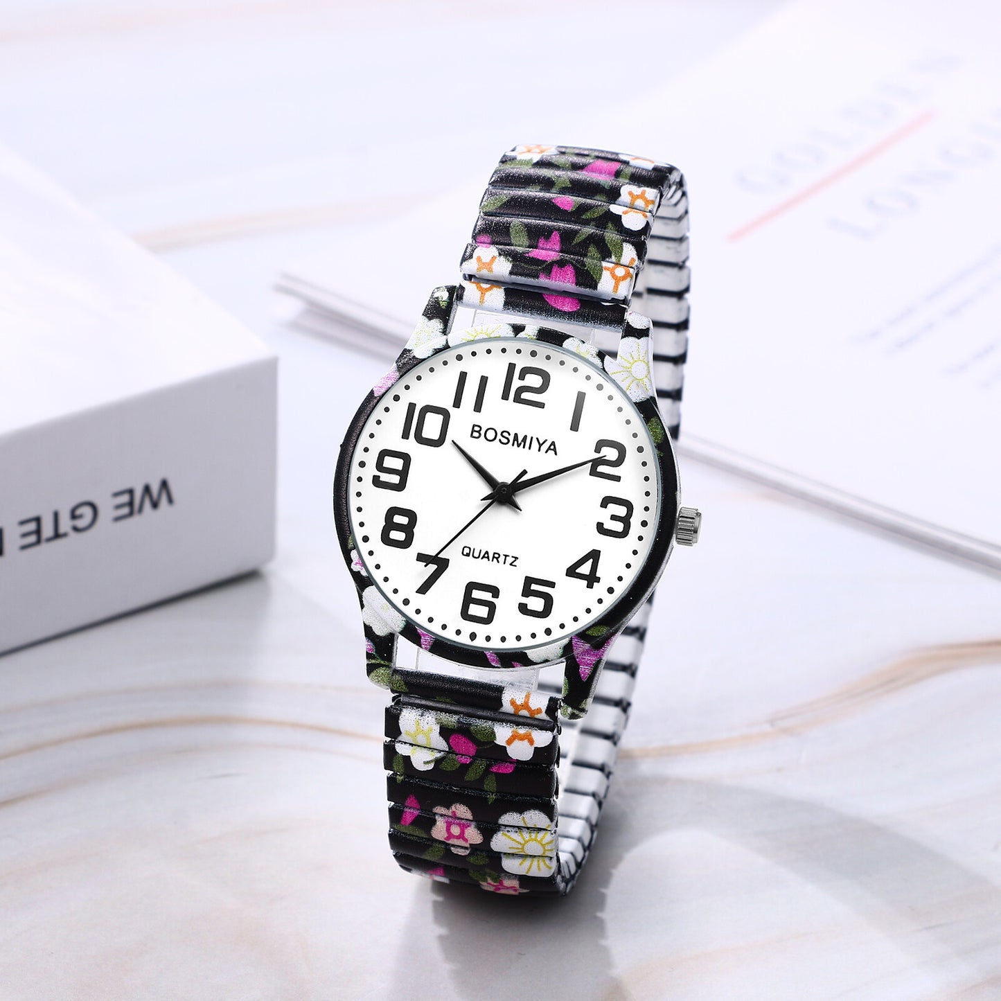 Boniskiss "Blossoms" Women's BohoPrinted Elastic Band Wrist Watch