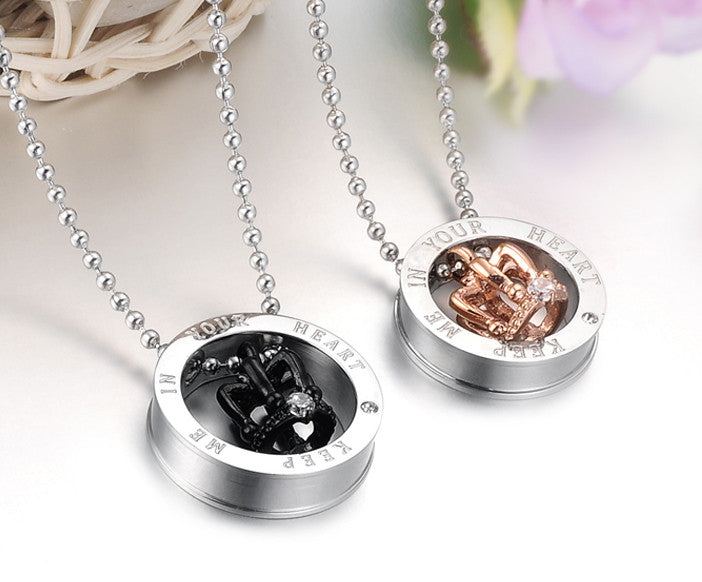 Boniskiss Keep Me in Your Heart Fashion Crown Stainless Steel Couple Necklaces