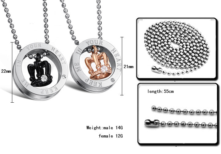 Boniskiss Keep Me in Your Heart Fashion Crown Stainless Steel Couple Necklaces