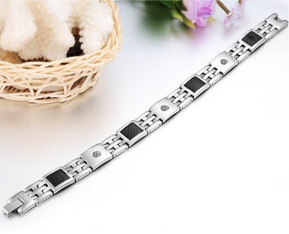 Boniskiss Stainless Steel Carbon Fiber Bracelet Link Wrist Silver Black Rectangular Square Polished Men's, 8.5 Inch