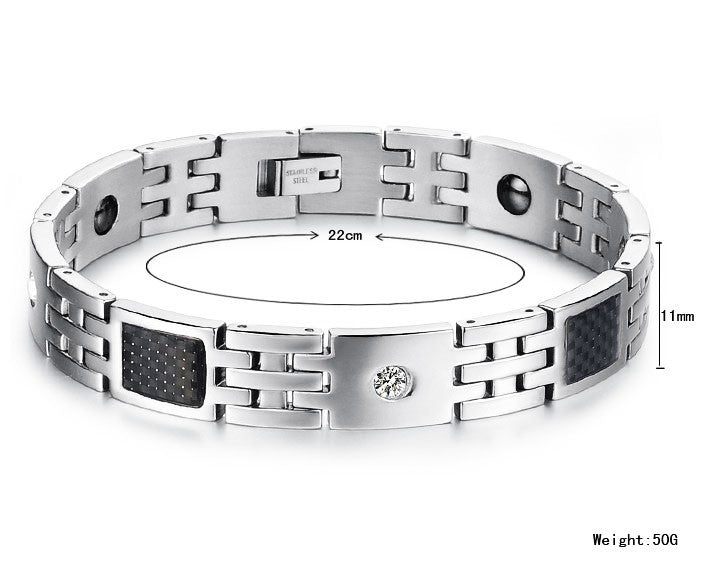 Boniskiss Stainless Steel Carbon Fiber Bracelet Link Wrist Silver Black Rectangular Square Polished Men's, 8.5 Inch