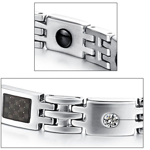 Boniskiss Stainless Steel Carbon Fiber Bracelet Link Wrist Silver Black Rectangular Square Polished Men's, 8.5 Inch