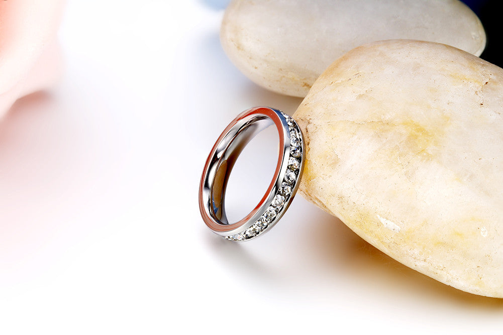 Boniskiss #8 Stainless Steel Clear Rhinestone Eternity Ring Engagement Wedding Band