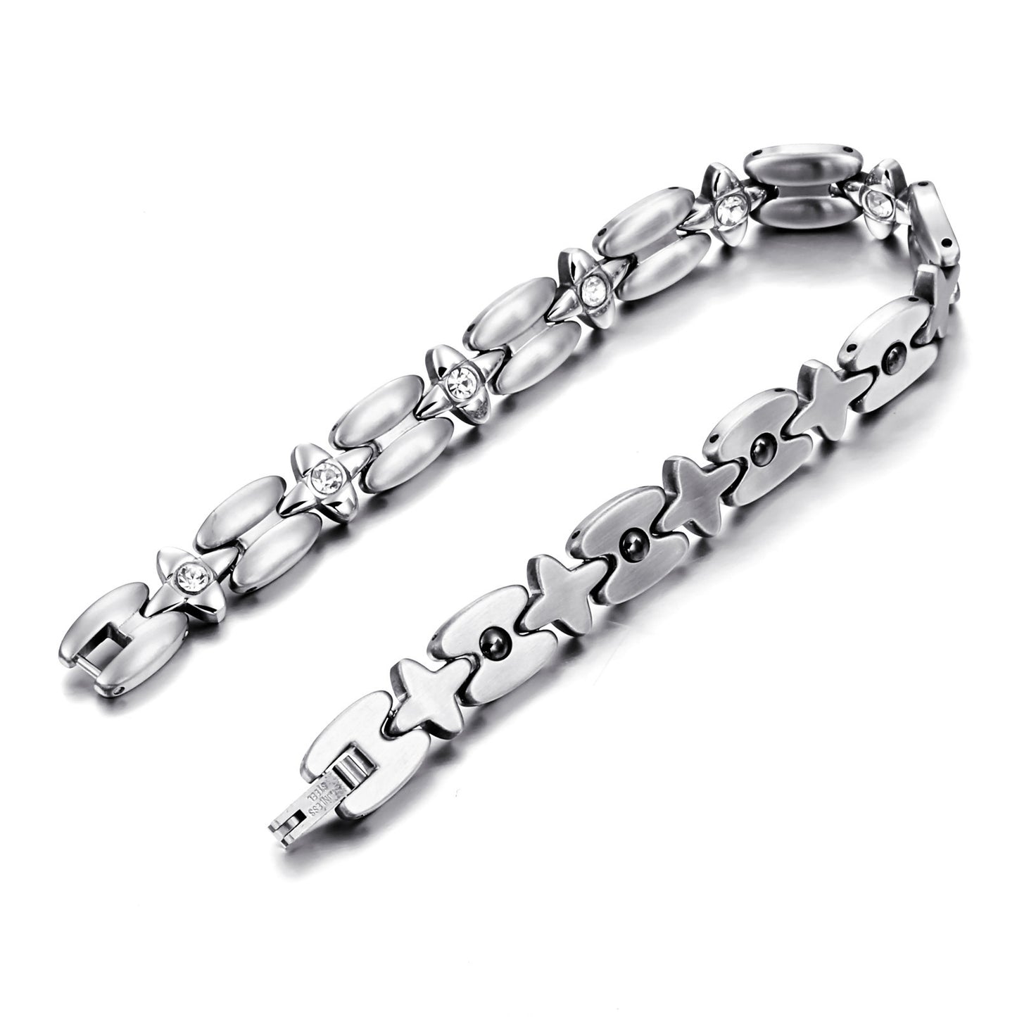 Boniskiss New Silver Stainless Steel Magnetic Stone Cz Cross Chain Link Bracelet 8 Inch for Women