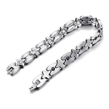 Boniskiss New Silver Stainless Steel Magnetic Stone Cz Cross Chain Link Bracelet 8 Inch for Women