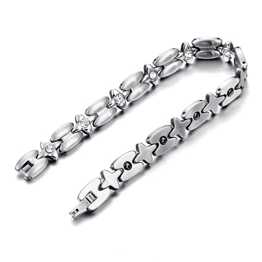 Boniskiss New Silver Stainless Steel Magnetic Stone Cz Cross Chain Link Bracelet 8 Inch for Women