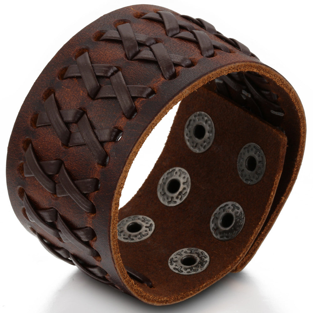 Boniskiss Mens Wide Leather Bangle Cuff Bracelet Color Brown