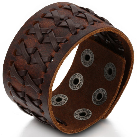 Boniskiss Mens Wide Leather Bangle Cuff Bracelet Color Brown
