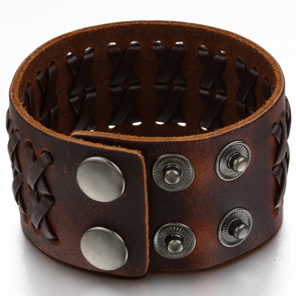 Boniskiss Mens Wide Leather Bangle Cuff Bracelet Color Brown