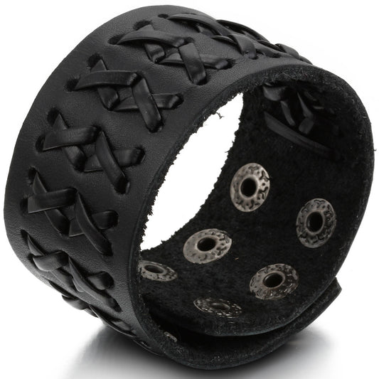 Boniskiss Wide Black Leather Men Bangle Cuff Bracelet Size Adjustable Punk Rock