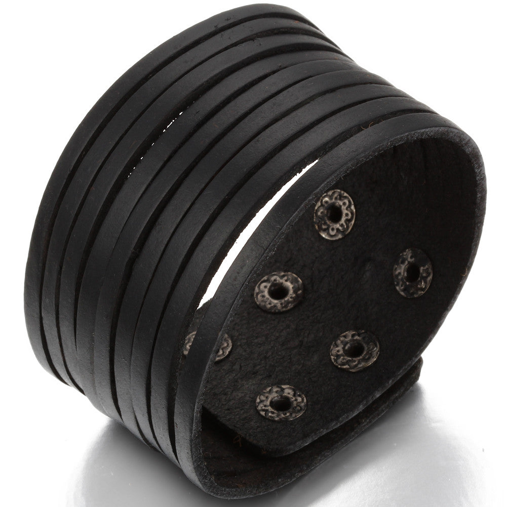 Boniskiss Men Wide Black Leather Bracelet Bangle Rock Cuff Bracelet