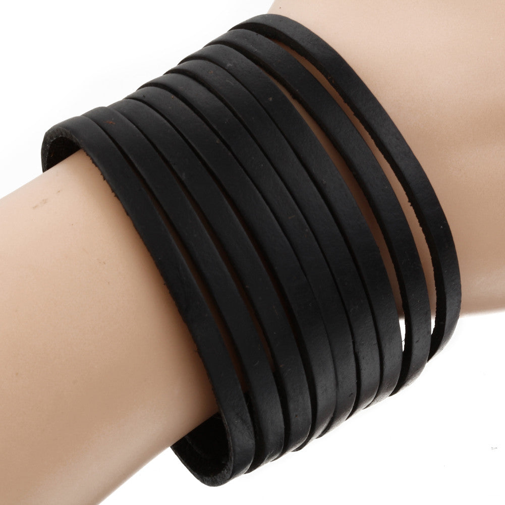 Boniskiss Men Wide Black Leather Bracelet Bangle Rock Cuff Bracelet