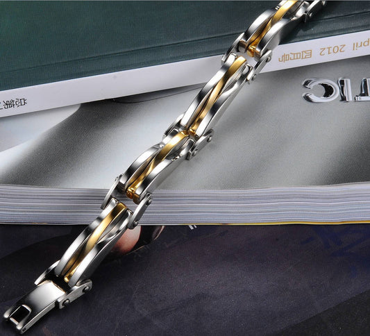 Boniskiss New Arrivals Two Tone Stainless Steel Men's Link Bracelet 8.66 Inch, Silver Golden Colour